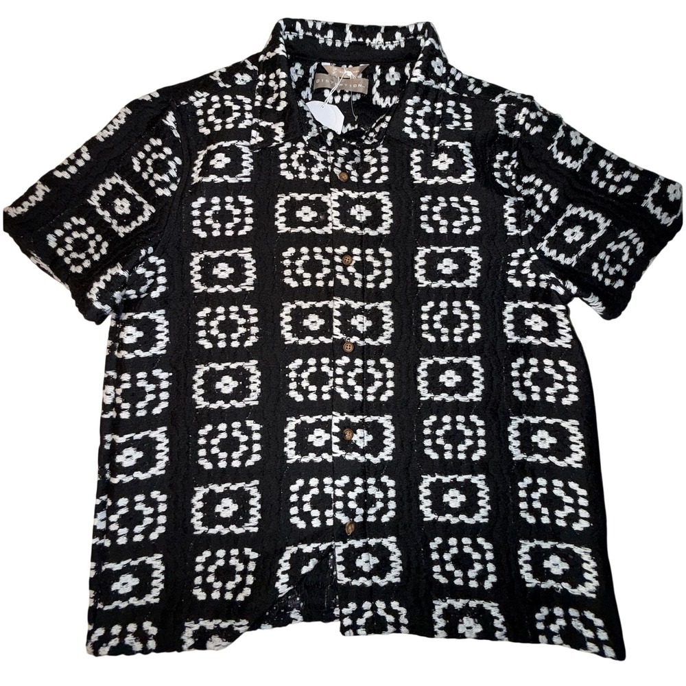 Distortion Mens XL Cropped Fit Geometric Button Up Shirt Black White Textured